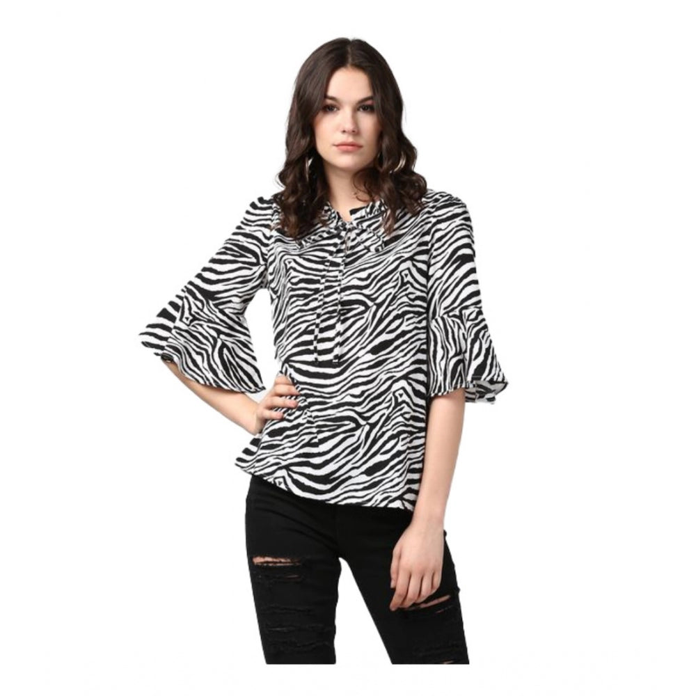 Generic Women's Polyester Animal Print Bell Sleeve Top (Black - White)