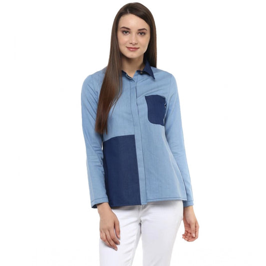 Generic Women's Denim Patch Work Long Sleeves Regular Top (Blue)