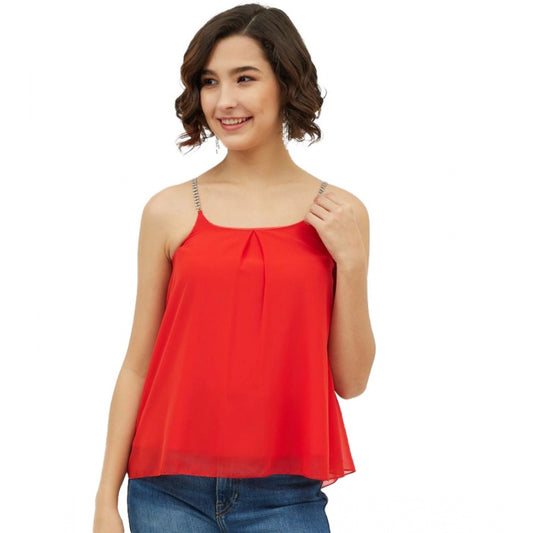 Generic Women's Polyester Embellished Shoulder Straps Top (Red)