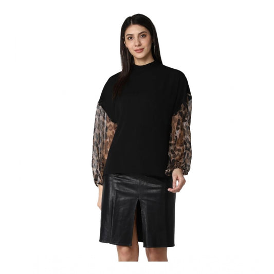 Generic Women's Polyester Animal Print Long Sleeves Top (Black)