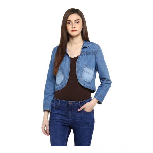 Generic Women's Denim Smocking 3-4th Sleeves Shrug (Blue)
