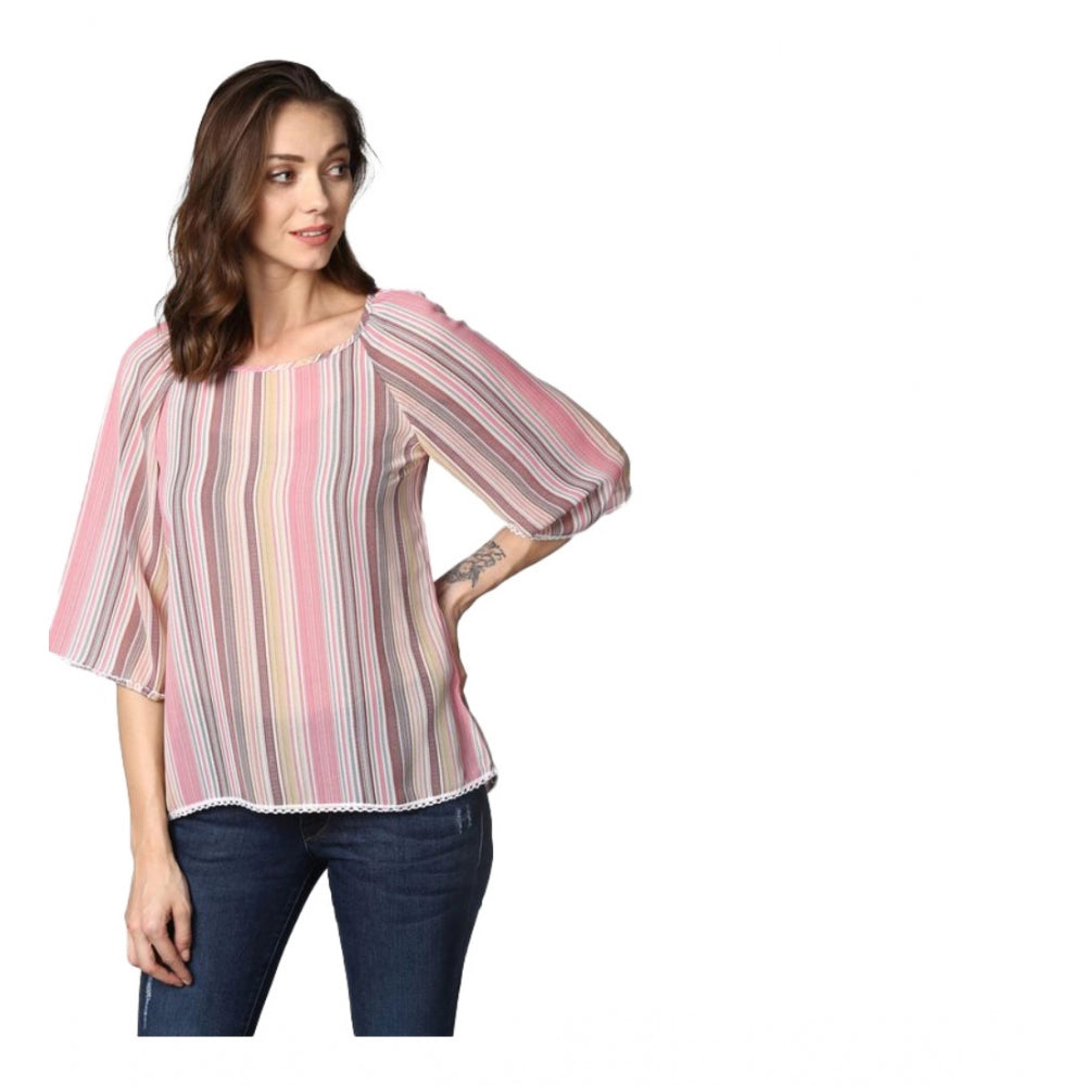 Generic Women's Polyester Striped 3-4th Sleeves Top (Pink)