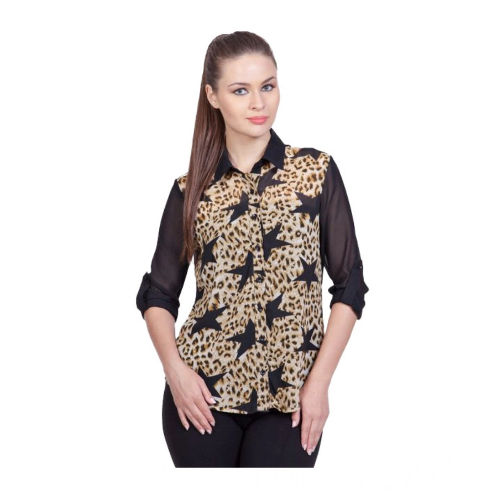 Women's Polyester Printed Roll-Up Sleeve Shirt – Black
