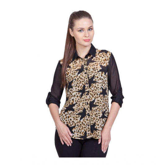 Women's Polyester Printed Roll-Up Sleeve Shirt – Black