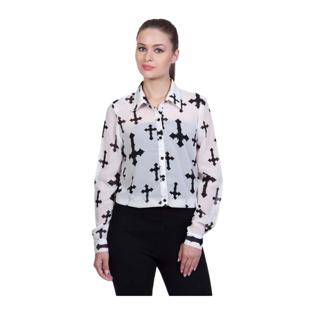 Women's Polyester Printed Long Sleeve Shirt – White