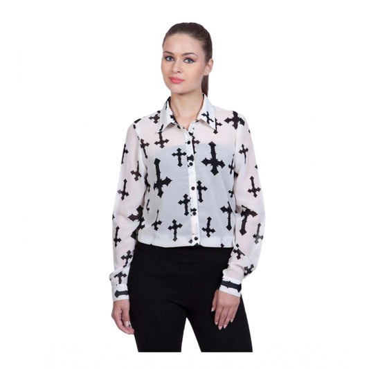 Women's Polyester Printed Long Sleeve Shirt – White