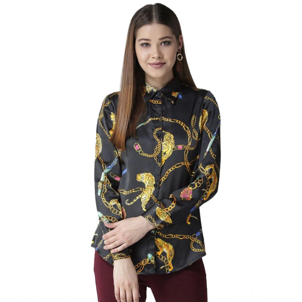 Women's Satin Printed Long Sleeve Shirt – Black & Gold