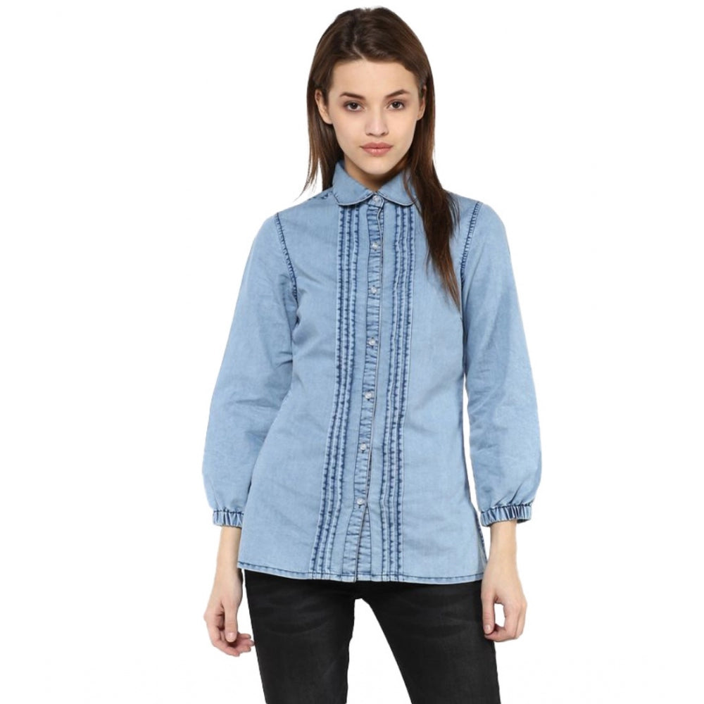 Women's Denim Solid 3/4 Sleeve Standard Length Shirt – Blue