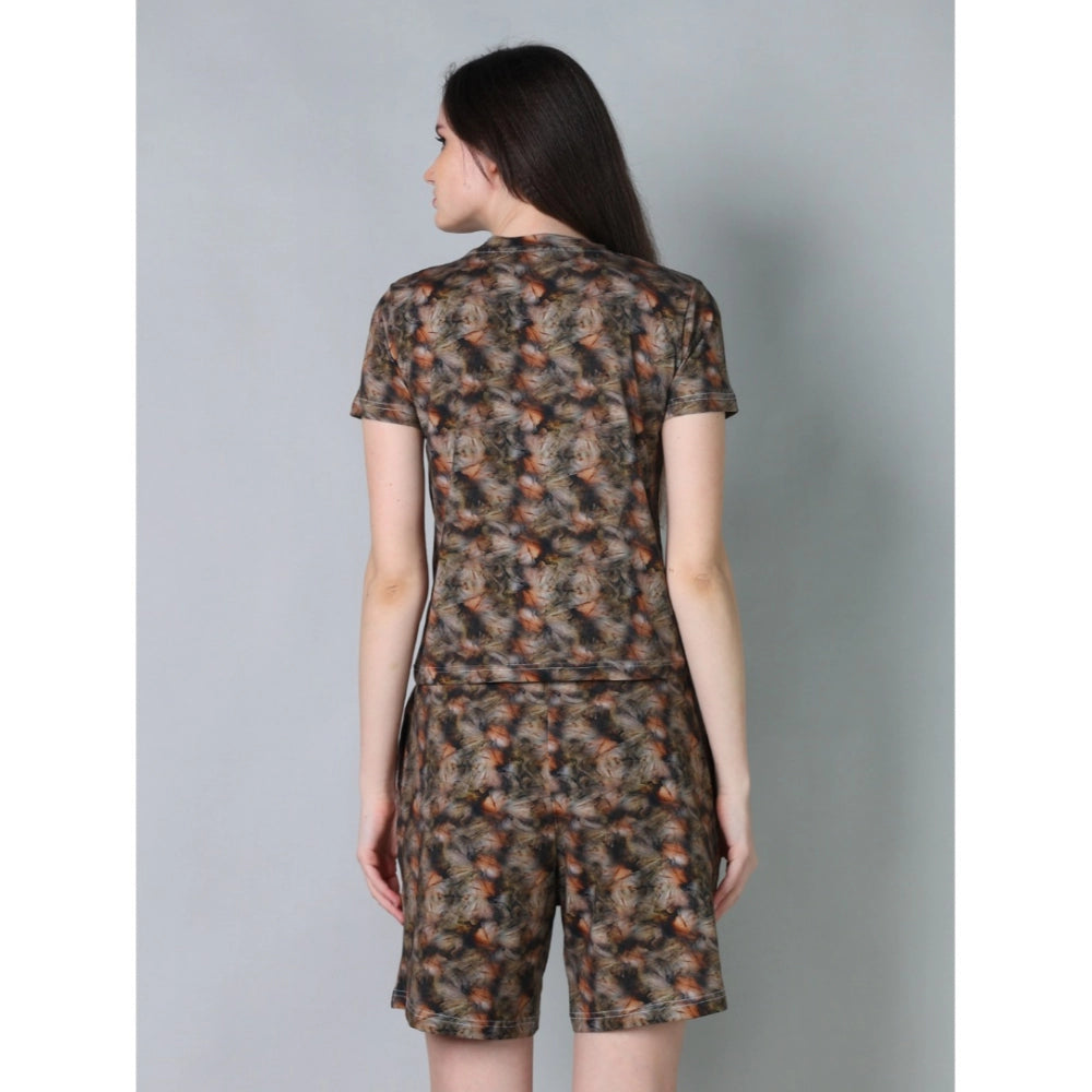 Generic Women's Cotton Blended Printed Round Neck Half Sleeve Top - Shorts Set (Brown)