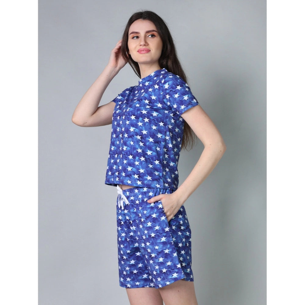 Generic Women's Cotton Blended Printed Round Neck Half Sleeve Top - Shorts Set (Blue)
