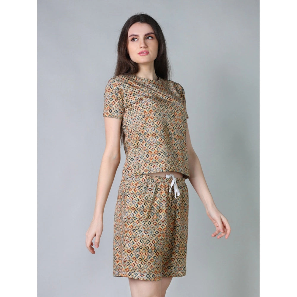 Generic Women's Cotton Blended Printed Round Neck Half Sleeve Top - Shorts Set (Beige)