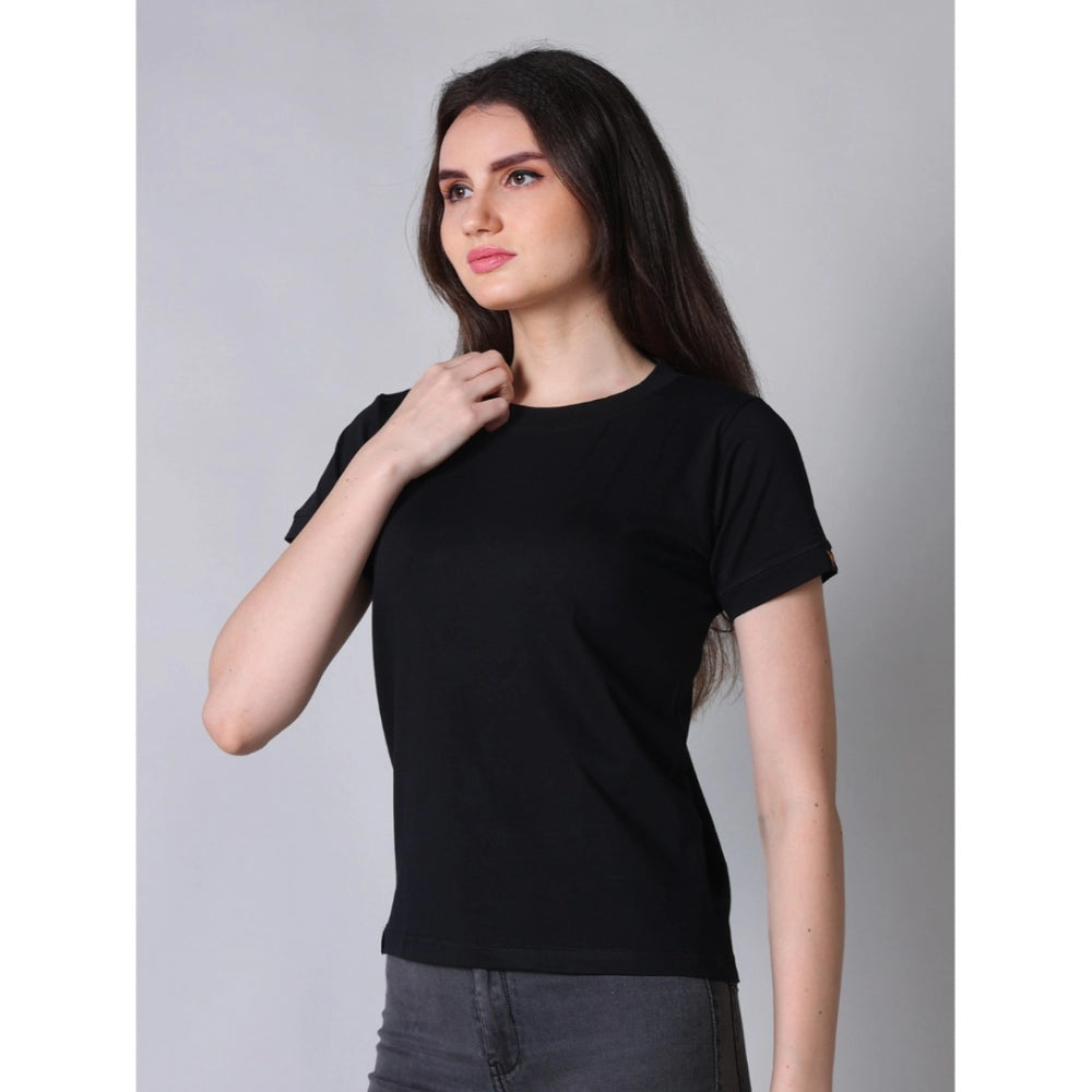 Generic Women's Cotton Blended Solid Round Neck Half Sleeve T-Shirt (Black)
