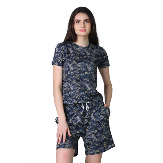 Generic Women's Cotton Blended Printed Round Neck Half Sleeve Top - Shorts Set (Navy)