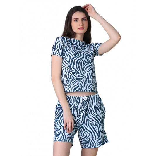 Generic Women's Cotton Blended Printed Round Neck Half Sleeve Top - Shorts Set (Blue)