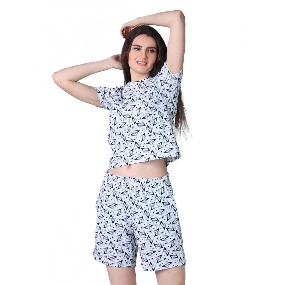 Generic Women's Cotton Blended Printed Round Neck Half Sleeve Top - Shorts Set (White-Black)