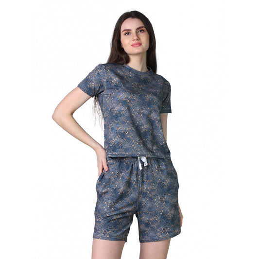 Generic Women's Cotton Blended Printed Round Neck Half Sleeve Top - Shorts Set (Blue)