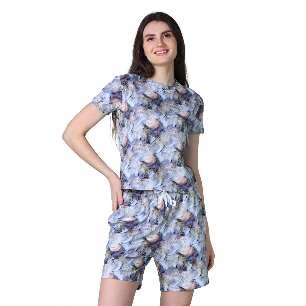 Generic Women's Cotton Blended Printed Round Neck Half Sleeve Top - Shorts Set (Blue-Peach)