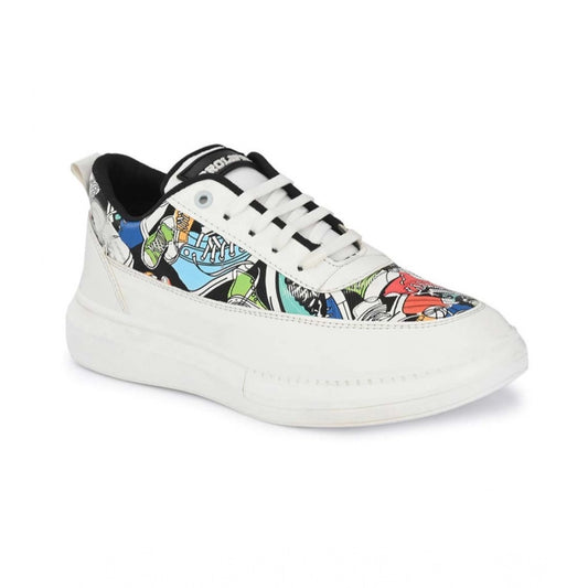 Men's White Printed Lace-Up Sneakers