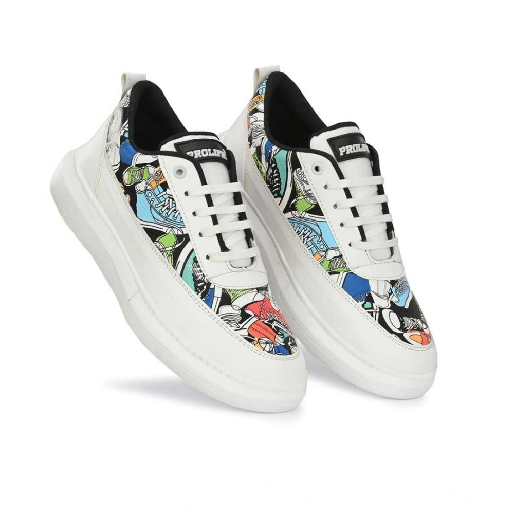 Men's White Printed Lace-Up Sneakers