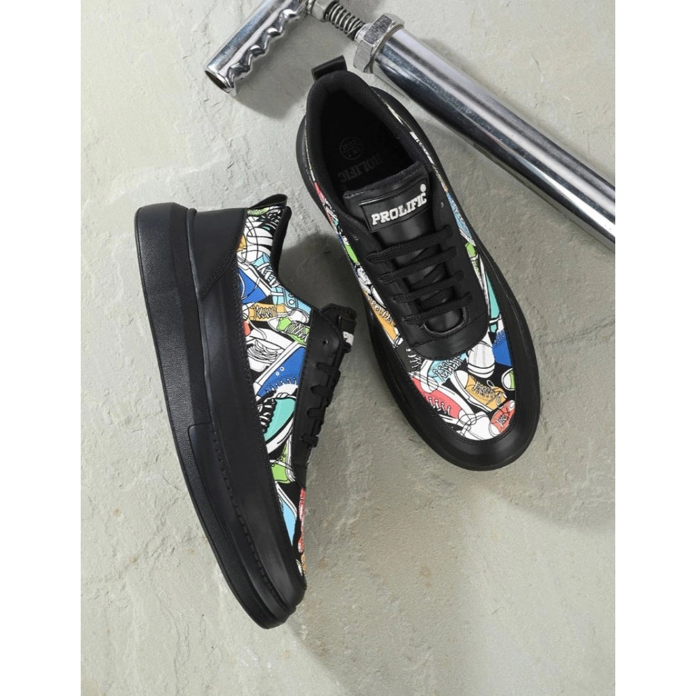 Men's Black Printed Lace-Up Sneakers