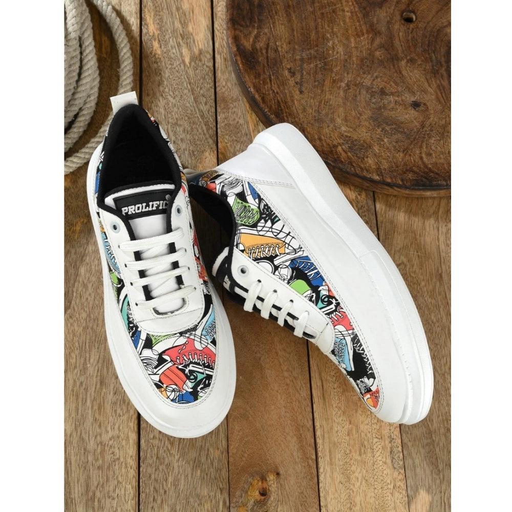 Men's White Printed Lace-Up Sneakers