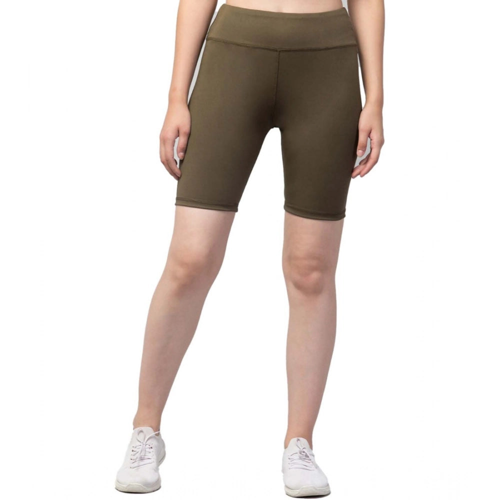 Generic Women's Polyester Solid Above Knee High-Rise Shorts (Olive)
