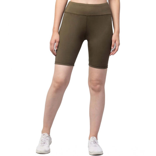 Generic Women's Polyester Solid Above Knee High-Rise Shorts (Olive)