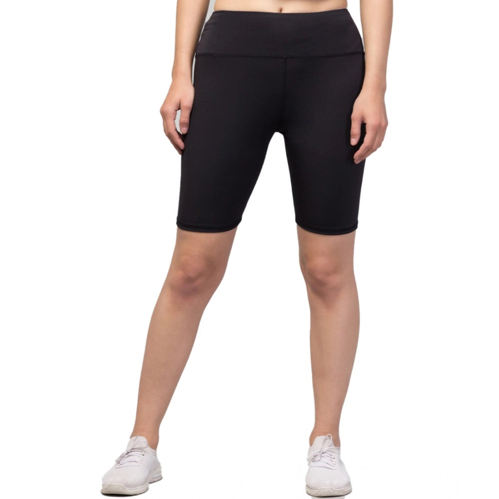 Generic Women's Polyester Solid Above Knee High-Rise Shorts (Black)