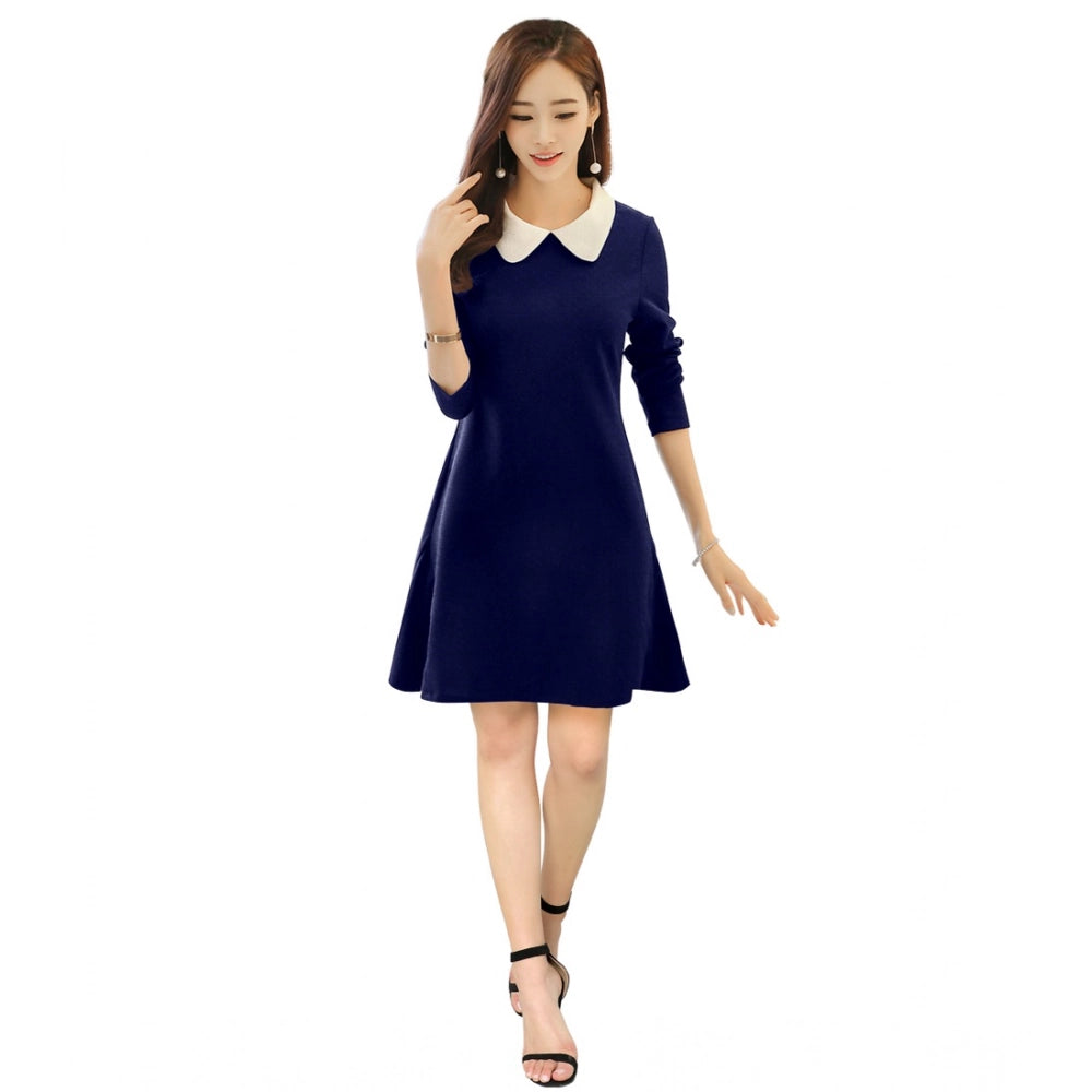 Generic Women's Polyester Solid Collar 3-4th Dress (Blue)