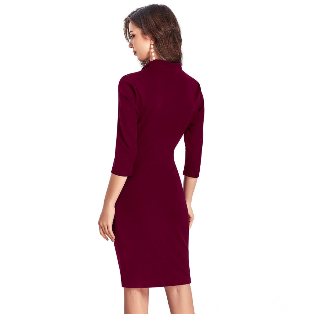 Generic Women's Knitting stretchable Solid Round Neck 3-4th Dress (Maroon)
