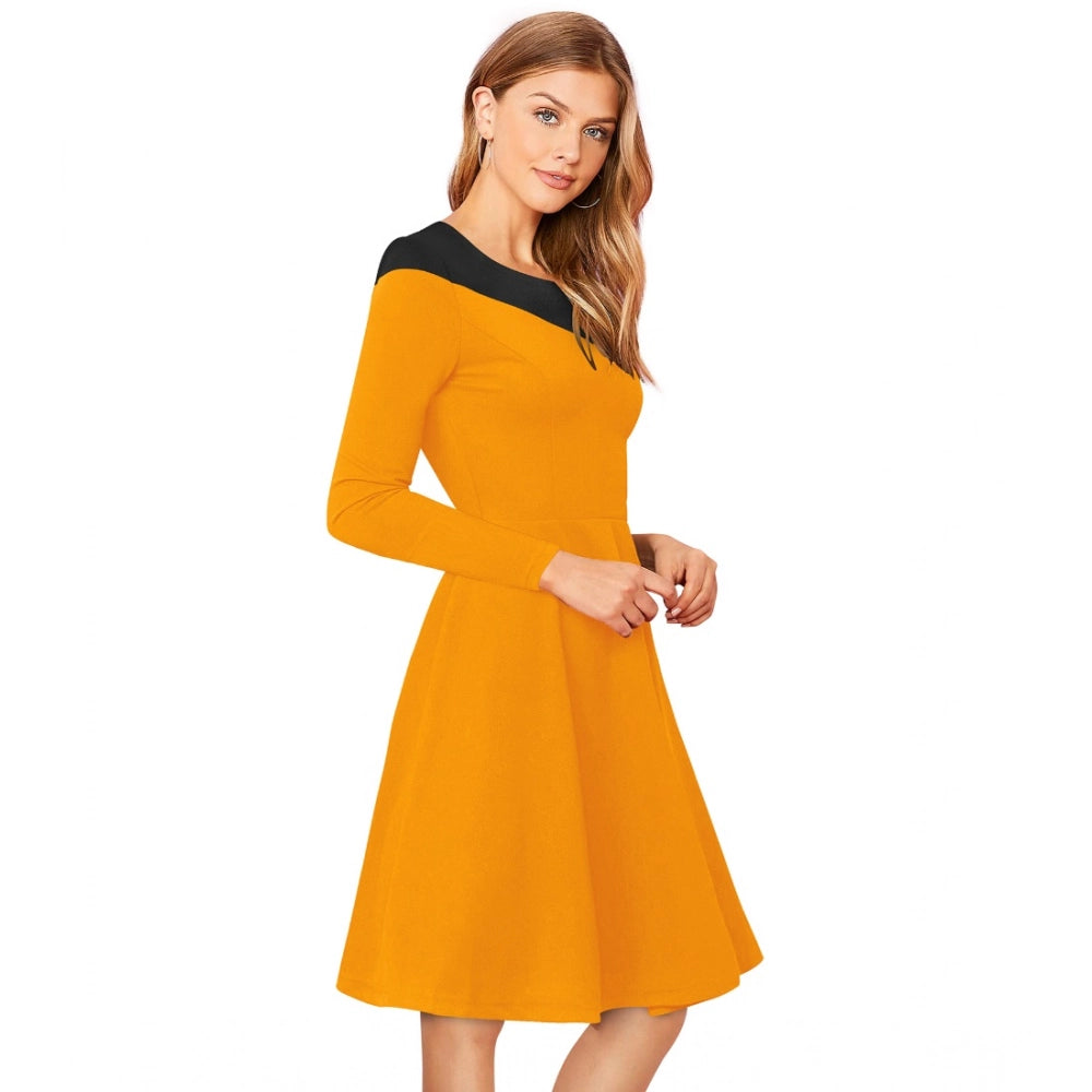 Generic Women's Knitting stretchable Solid Round Neck Full Sleeve Dress (Yellow)