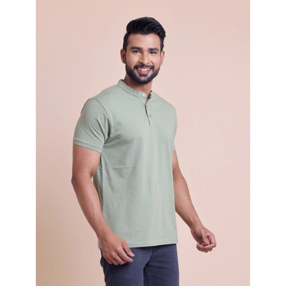 Generic Men's Casual Cotton Solid Half Sleeve Mandarin Collar T-Shirt (Newsage)