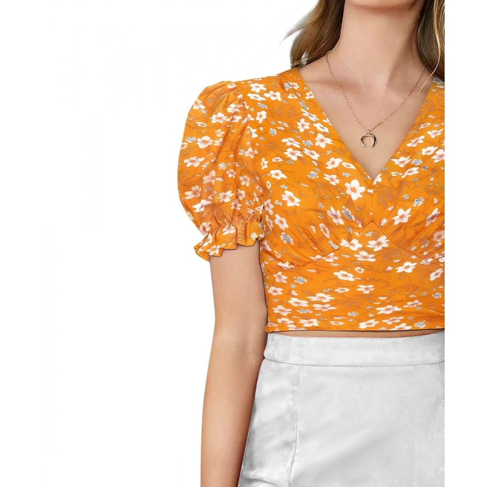 Women’s Yellow Knitted Printed V-Neck Puff Sleeve Top