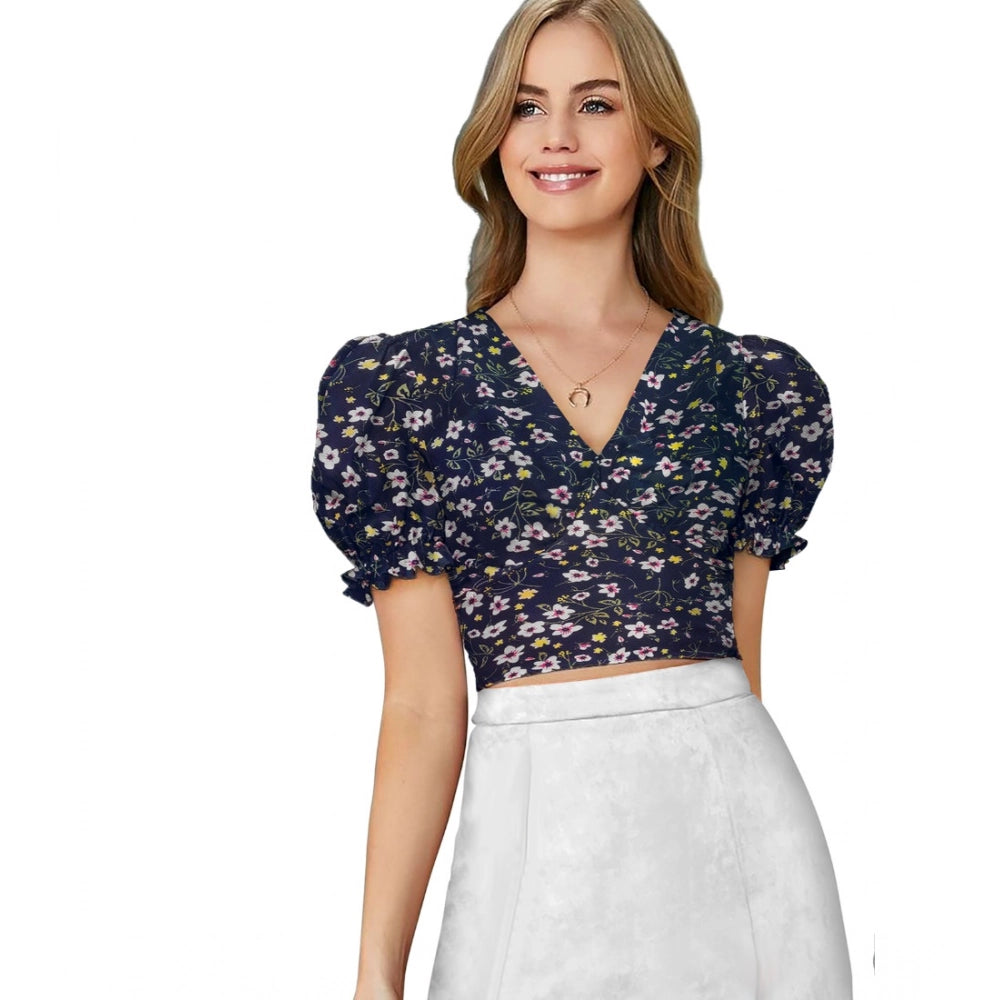Women's Navy Blue Printed Knitted V-Neck Puff Sleeve Top – Stylish Casual & Office Wear