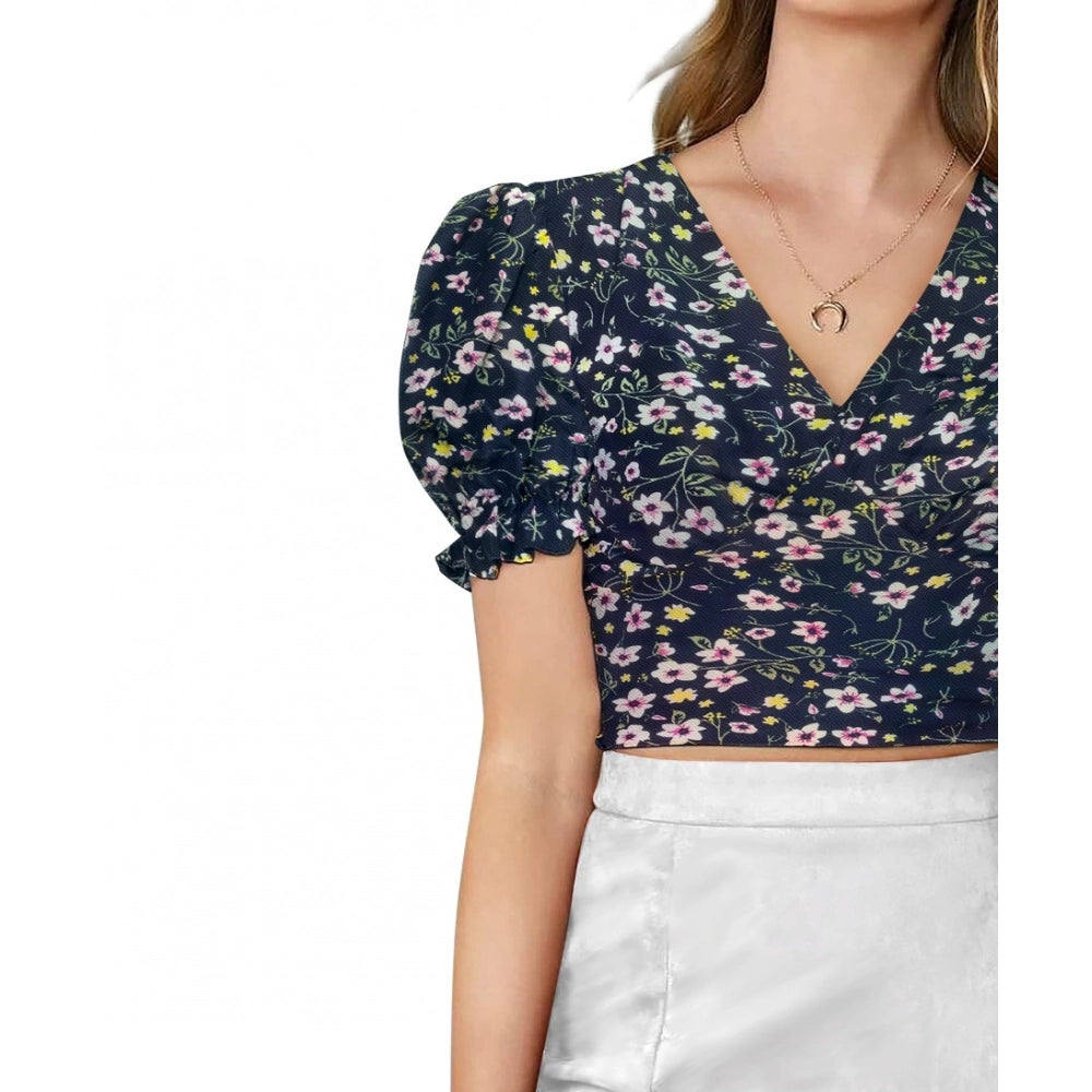 Women's Navy Blue Printed Knitted V-Neck Puff Sleeve Top – Stylish Casual & Office Wear