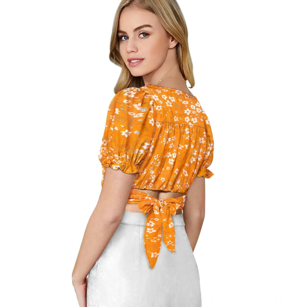 Women’s Yellow Knitted Printed V-Neck Puff Sleeve Top
