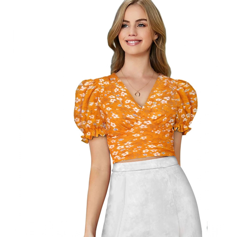 Women’s Yellow Knitted Printed V-Neck Puff Sleeve Top