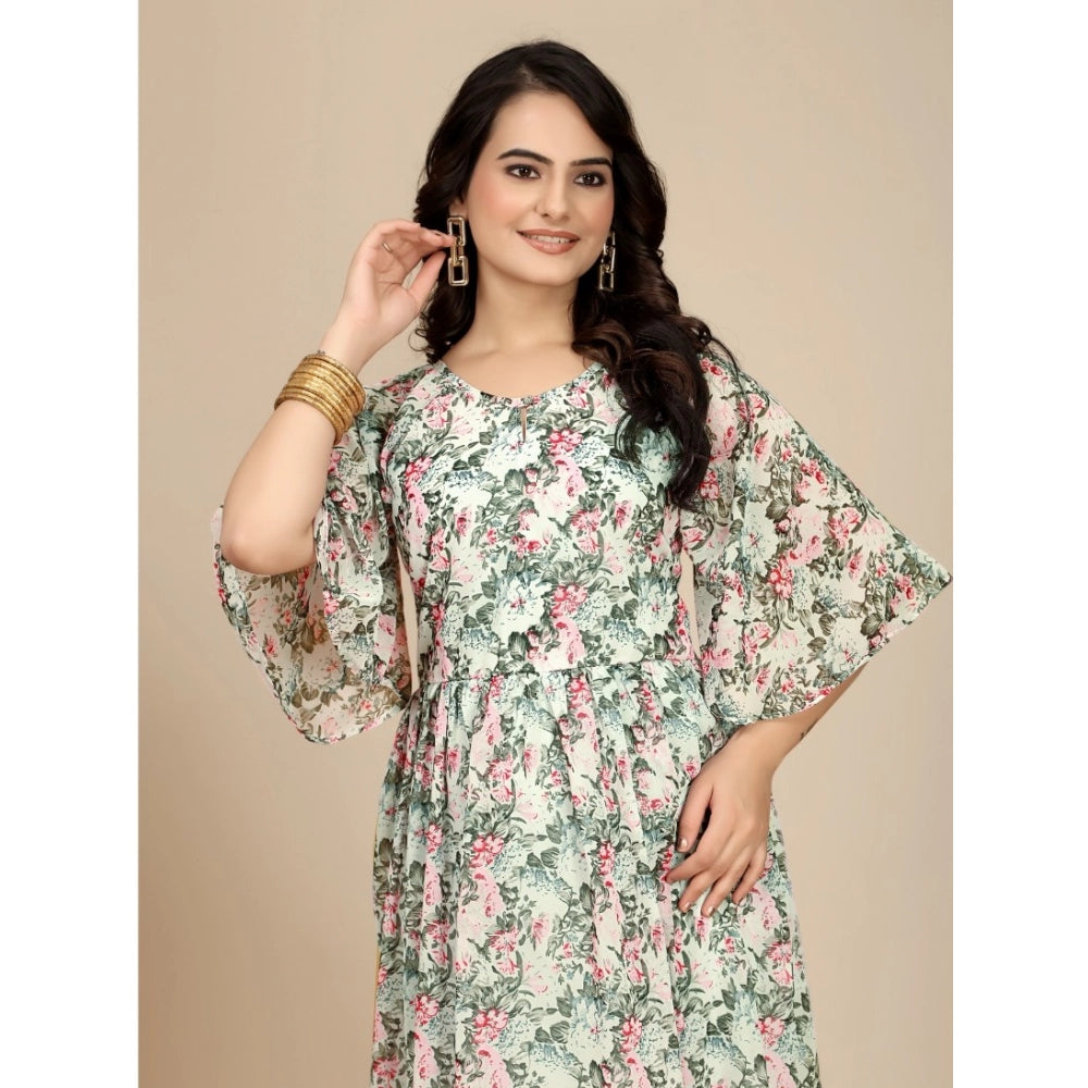 Generic Women's Georgette Printed Round Neck Short Sleeve Dress (Pink)