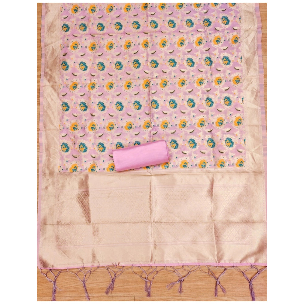 Generic Women's Banarasi Silk Printed Unstitched Salwar Suit Material With Dupatta (Pink, 3Mtrs)