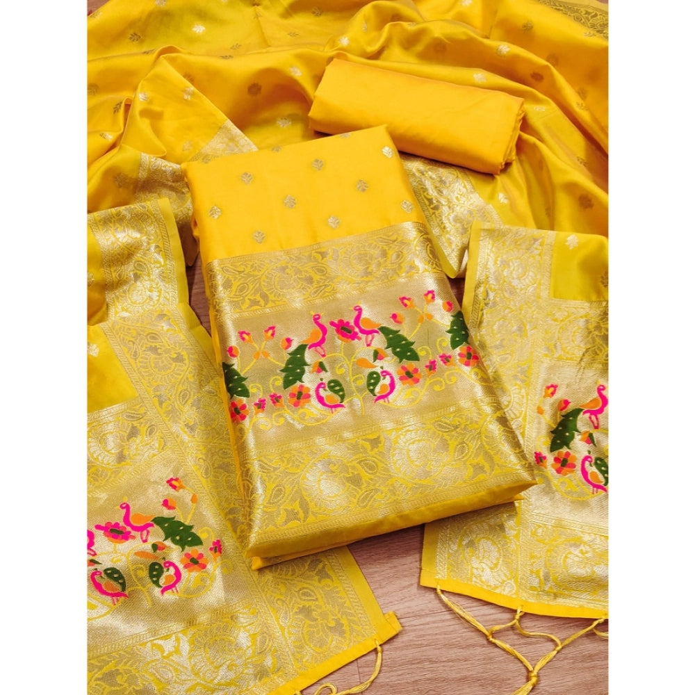 Generic Women's Banarasi Silk Printed Unstitched Salwar Suit Material With Dupatta (Yellow, 3Mtrs)