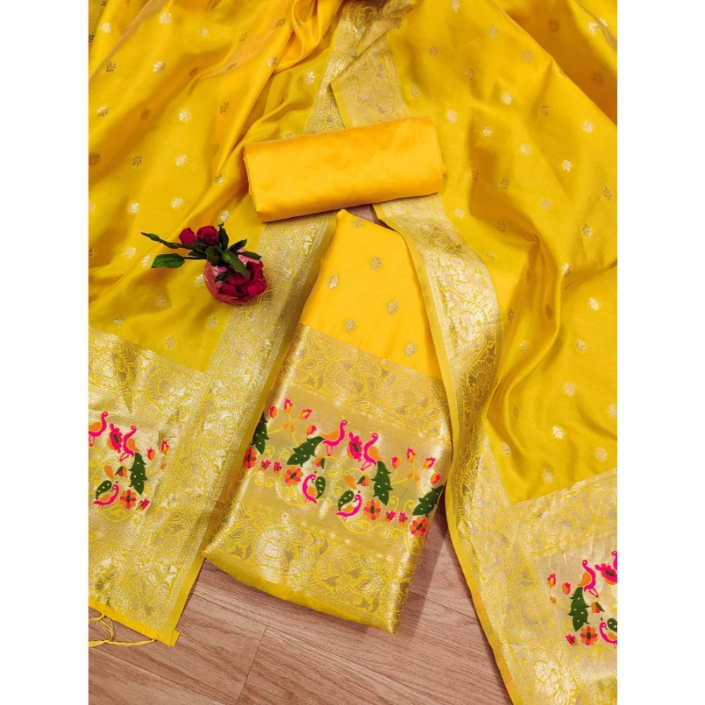 Generic Women's Banarasi Silk Printed Unstitched Salwar Suit Material With Dupatta (Yellow, 3Mtrs)