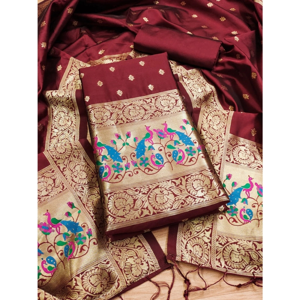 Generic Women's Banarasi Silk Printed Unstitched Salwar Suit Material With Dupatta (Maroon, 3Mtrs)