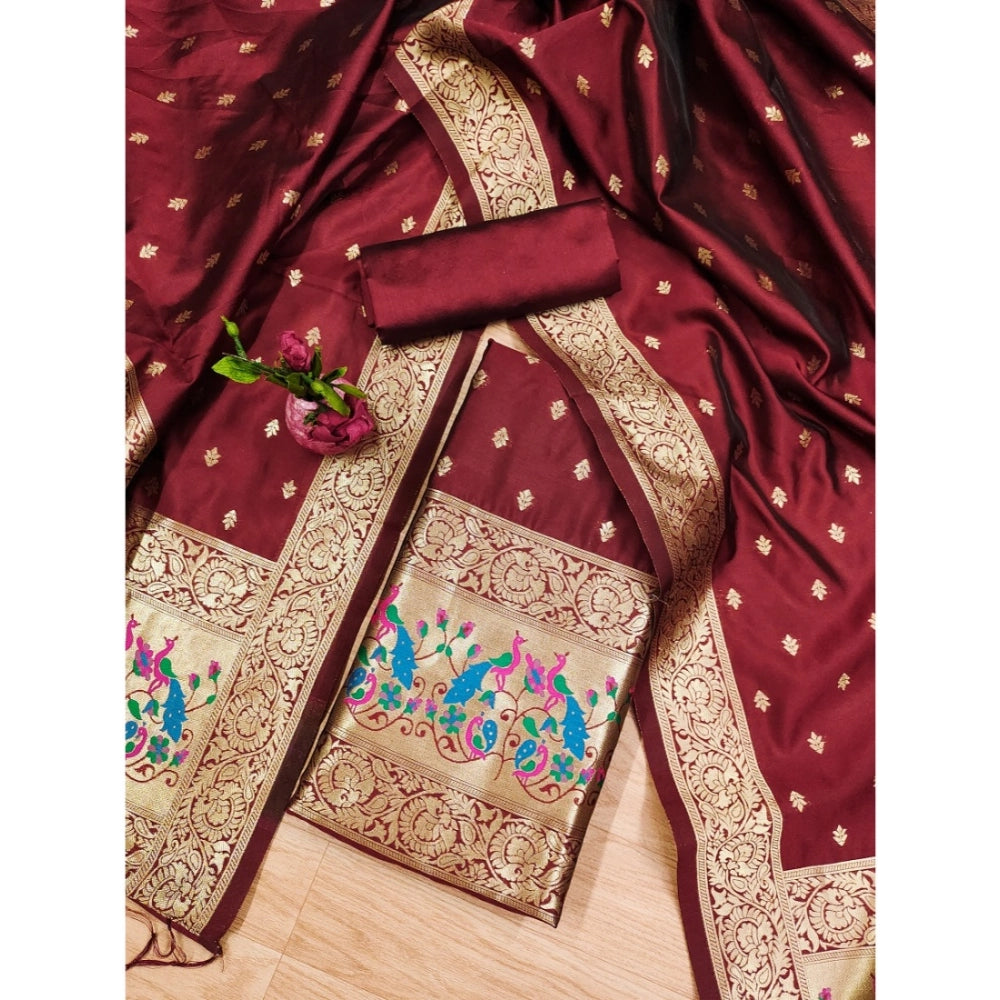 Generic Women's Banarasi Silk Printed Unstitched Salwar Suit Material With Dupatta (Maroon, 3Mtrs)