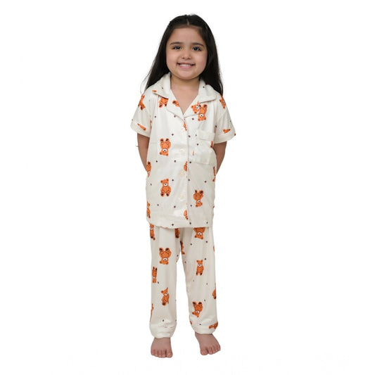 Generic Girl's Silk Bleand Printed Short Sleeve Night Suit Set (White)