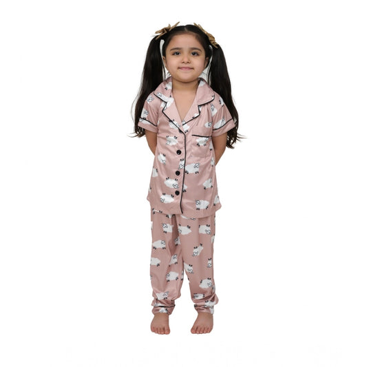 Generic Girl's Silk Bleand Printed Short Sleeve Night Suit Set (Brown)