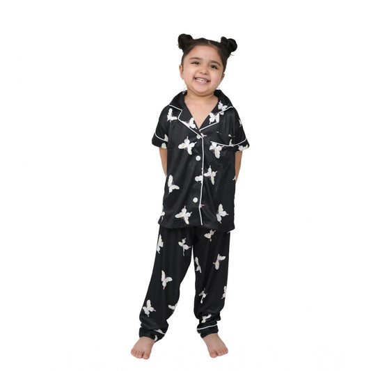Generic Girl's Silk Bleand Printed Short Sleeve Night Suit Set (Black)