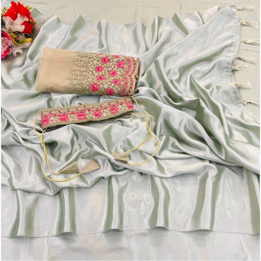 Generic Women's Satin Solid Saree With Unstitched Blouse (Offwhite, 5-5 Mtrs)