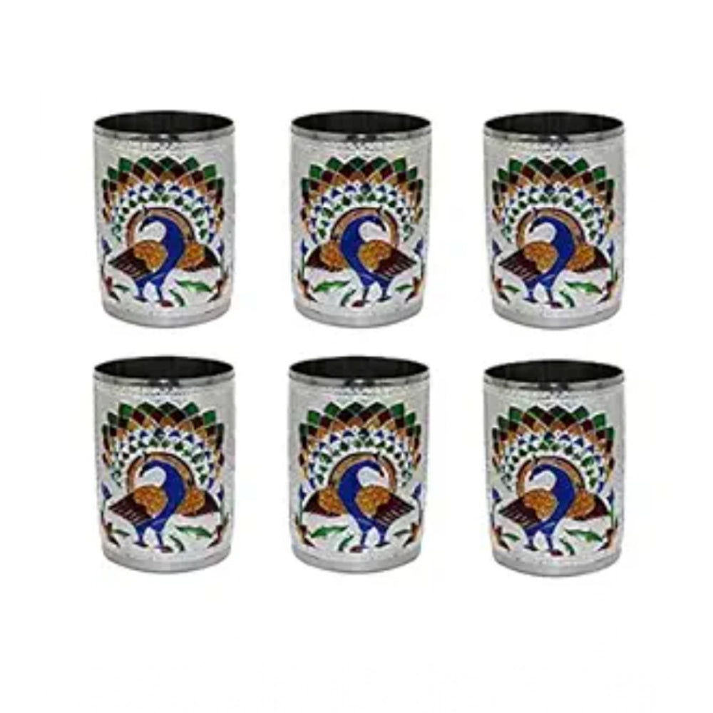 Generic Steel Meenakari Peacock Design Decorative Glass Set (Silver)