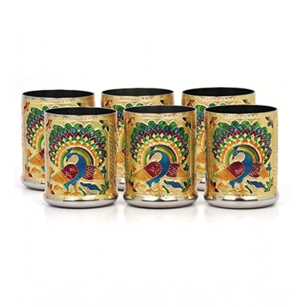 Gold Meenakari Peacock Design Decorative Steel Glass Set
