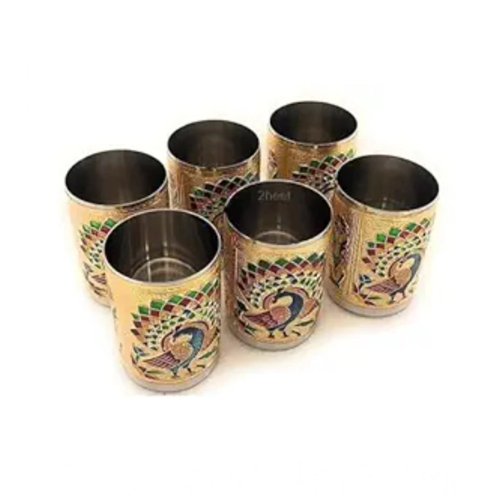 Gold Meenakari Peacock Design Decorative Steel Glass Set